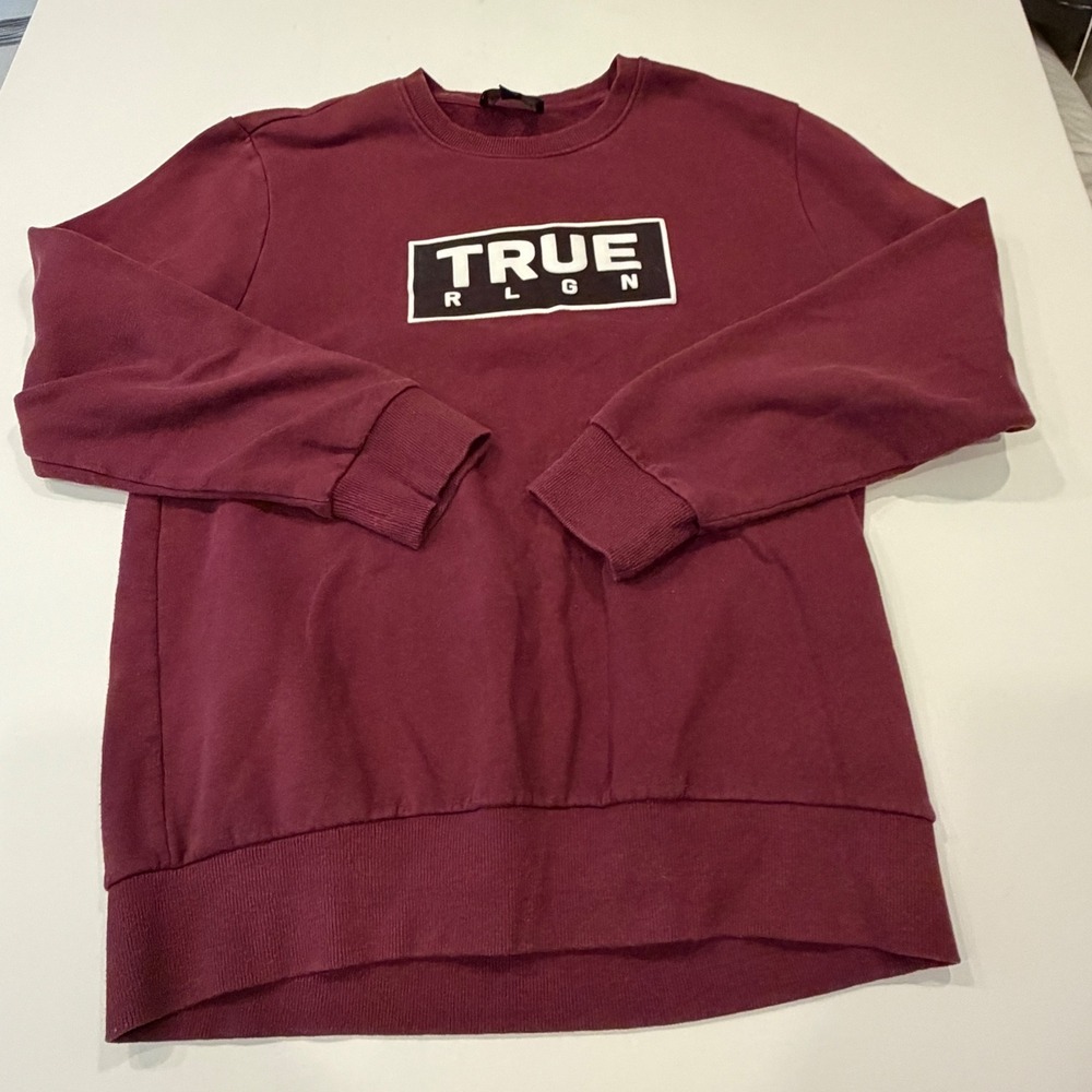 True Religion Men's M Burgundy Logo Sweatshirt Y2K Streetwear Oversized Crewneck
